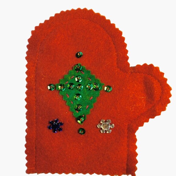 Handmade Felt Mitten Ornament Sequins Red Primitive - Picture 1 of 3